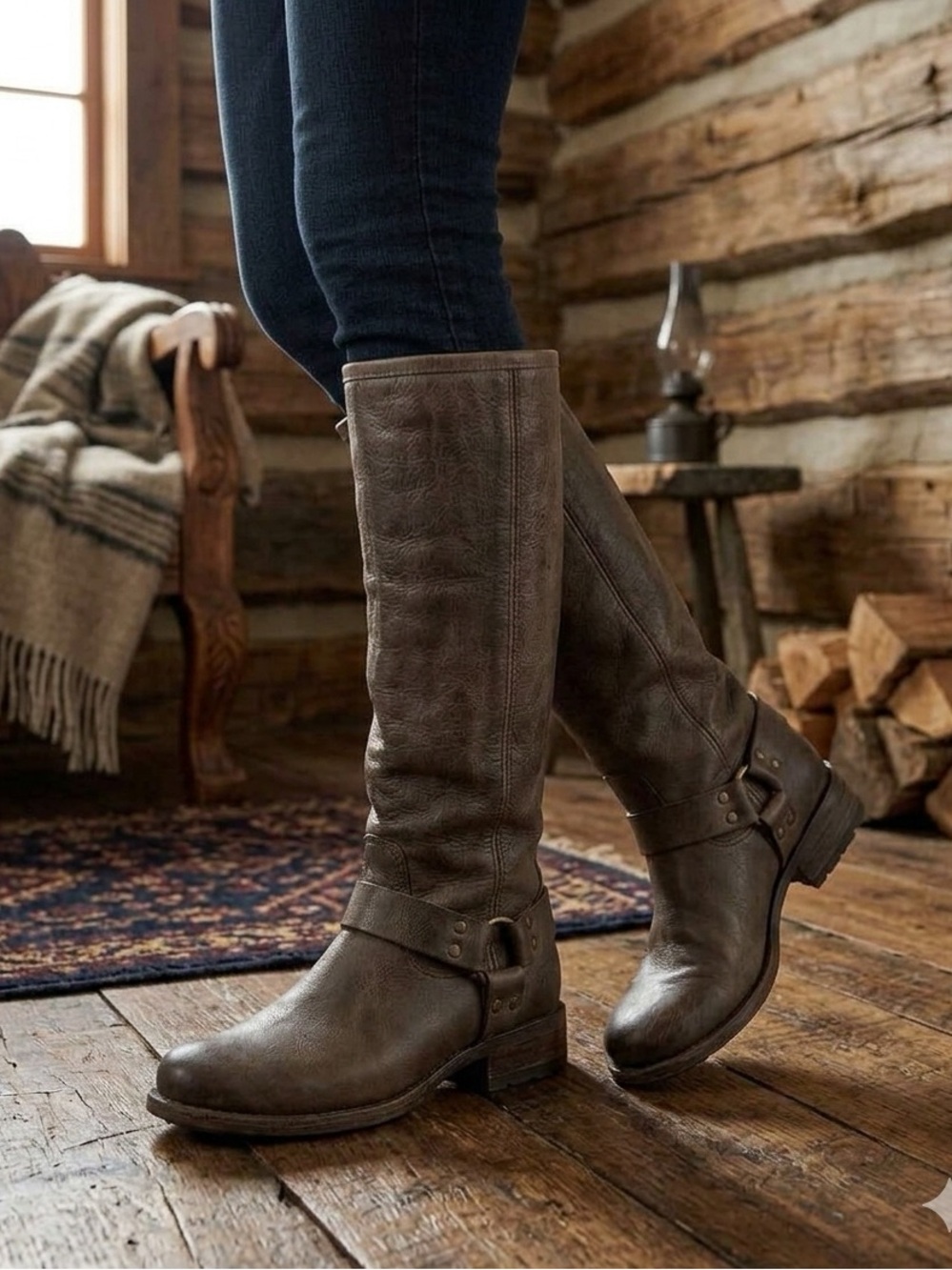 FRYE Phillip Harness Tall Leather Boots Taupe Grey Size 8